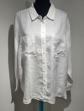 F&F Women's Long Sleeve Button Down Collared 100% Linen Blouse 12 White Coastal